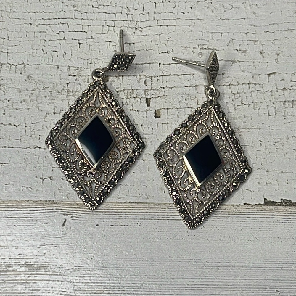 Vintage Sterling Silver Marcasite Black Onyx Filigree Dangle Earrings - Picture 2 of 6
